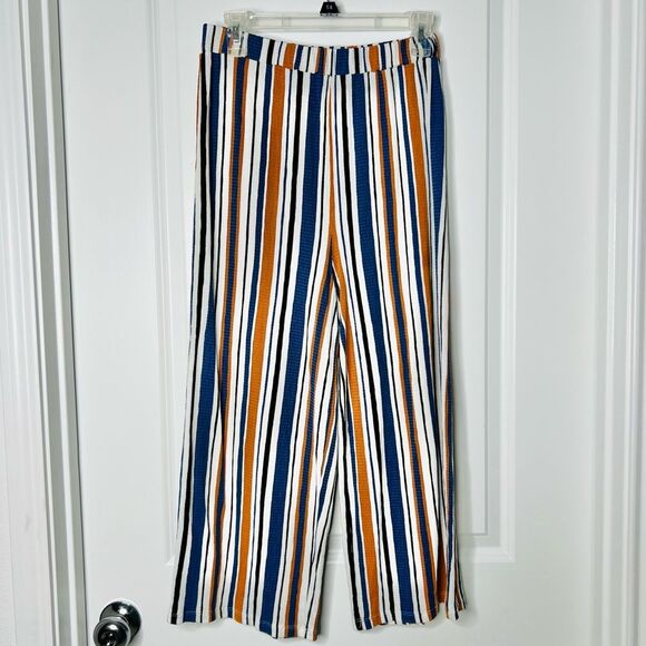 Love Tree Women's Cropped Palazzo Pants Blue/Brown Stripes Sz. Medium Wide Leg - Picture 2 of 8